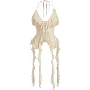 WDIRARA Women's 3D Flower Tie Front Ruffle Trim Halter Top Tie Backless Camisole (Medium, Apricot)