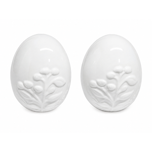 2 White Ceramic Eggs With Embossed Flowers