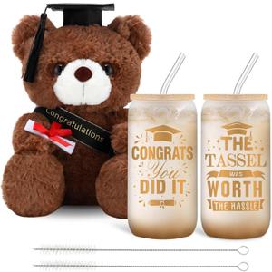 3 Pcs 2025 College Graduation Gifts for Her Congrats Grad Include Glass Cups and Stuffed Bear, Can Cups with Lids and Straws for College University Class of 2025 Party New Job(Gold)