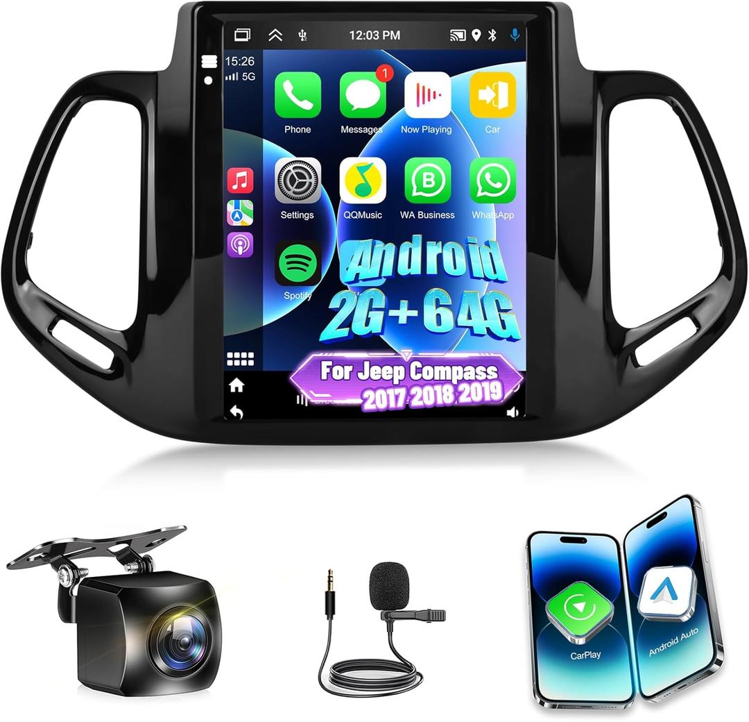 [2+64G] NHOPEEW Car Radio for Jeep Compass 2017 2018 2019 with Wireless Carplay and Android Auto  9.7 Inch Touch Screen Android Car Stereo  DSP/GPS/WiFi/SWC/Bluetooth + AHD Backup Camera