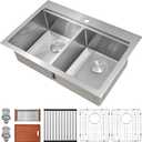 33 Inch Sink Drop-In Topmount Double Bowl, 16 Gauge 50/50 Double Bowl Stainless Steel Workstation Sink, 33" x 22" x 10" Large and Deep Kitchen Sink With Accessories