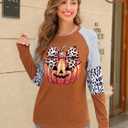 Graphic Shirts Women Pumpkin T Shirt Grateful Blessed Print Long Sleeve Blouse Leopard Striped Fall Tee (Brown, L)