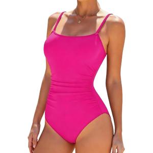 Buauty Women's Swimsuit Square Neck Ruched Waist Bathing Suit Adjustable Straps Full Coverage (Pink), Small