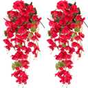 Artificial Hibiscus Fake Hanging Flowers Plants for Outdoors Spring Summer Decoration, 2pcs Red Silk Hibiscus Long Trailing Vines UV Resistant Realistic Faux Flower for Outside Front Door Porch Patio