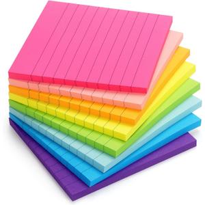 Eastern Wolf 8 Pads Lined Sticky Notes 4x4 Sticky Notes with Lines Self-Stick Note Pads 8 Bright Multi Colors, 50 Sheet/Pad