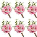 Pink Rose Boutonniere for Men Wedding Set of 6 Groom Groomsmen Best Man Artificial Flowers Boutonniere for Wedding Ceremony Anniversary Prom Flowers Formal Dinner Party (6, Gradient Pink, Middle)