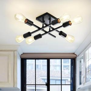 6-Light Semi Flush Mount Ceiling Light Fixture, Industrial Black Close to Ceiling Lighting, Modern E26 Base Sputnik Chandelier Ceiling Lamp for Kitchen Bedroom Living Room Hallway