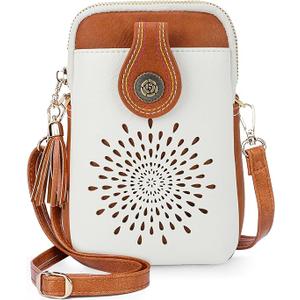 APHISON Small Crossbody Bags for Women, Lightweight Vegan Leather Cell Phone Purse, Cute Purses with Tassels, White Brown