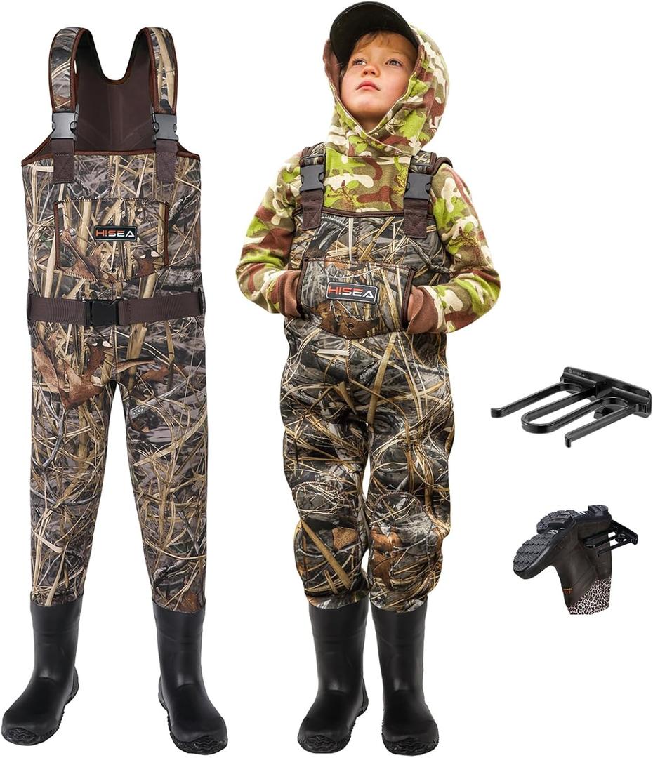 HISEA Kids Chest Waders for Toddler & Children, Youth Neoprene Waterproof Hunting Fishing Wader with Insulated Boots Boy Girl (12/13 Big Kid, Next Camo Evo(s) - Brown)