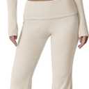 QINSEN Womens 2 Piece Lounge Sets Mock Neck Long Sleeve Tops with Side Ruched Fold Over Flare Pants Comfy Tracksuits (Large, Beige)