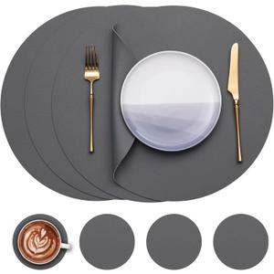 Myir JUN Round Table Placemats Set of 4 Faux Leather Place Mats and Coasters 15 inch Dual Sided Non-Slip Stain Resistant (Gray 01, Set of 4)
