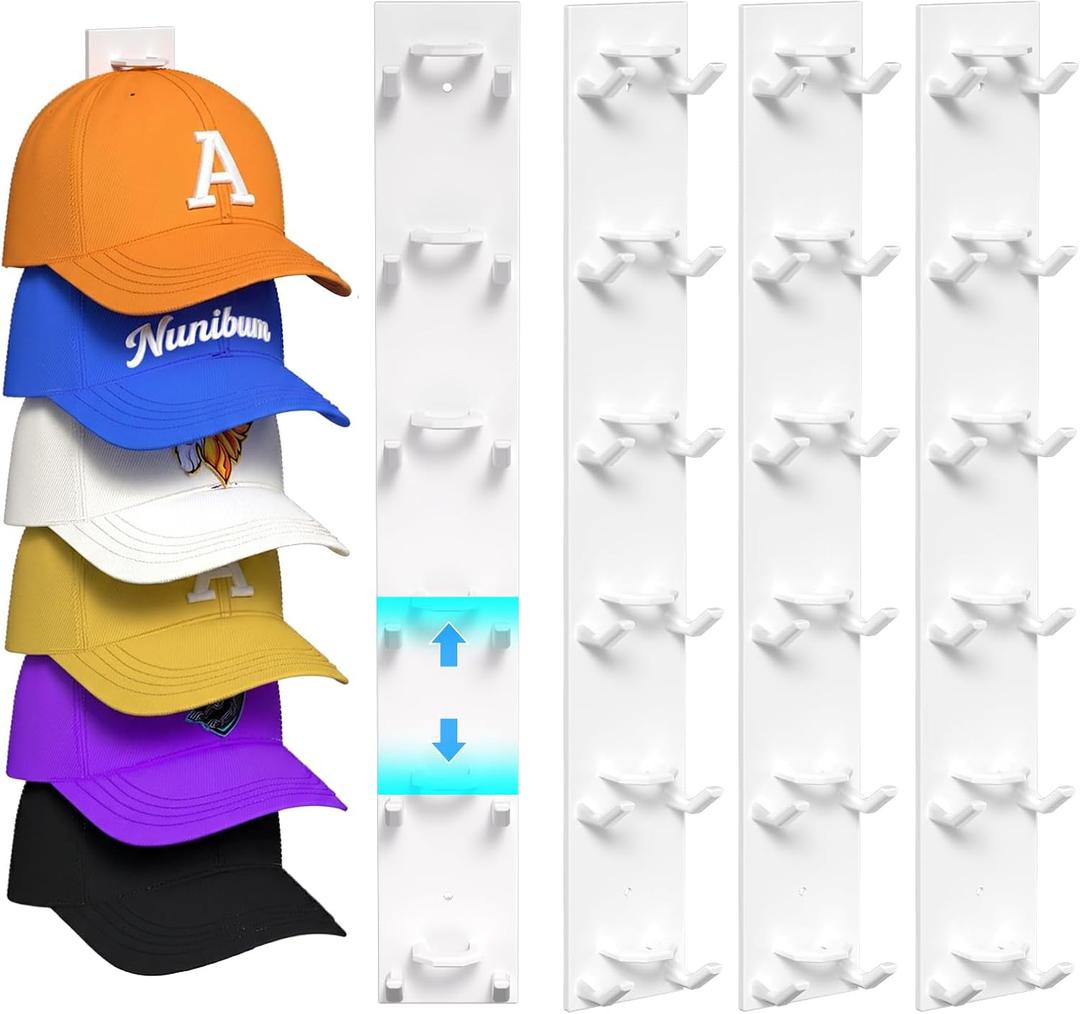 Hat Organizer for Baseball Caps 4 Pack, Hat Rack for Wall Hold up to 24 Hats with Strong Adhesive, Multilayer Organizers and Storage Hat Holder Hanger Display for Door Closet and Bedroom (White)