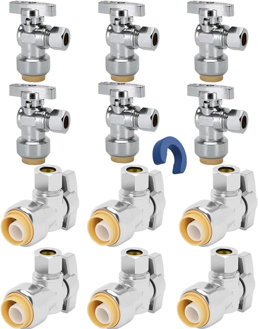 12PCS Push Angle Stop Valve 1/2"x3/8" - No Lead Brass Angle Stop Valve Push to Connect, Easy Install Sink Shut Off for Toilet & Faucet Plumbing, Durable Compression Fit Technology
