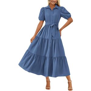 MASCOMODA Womens Summer Dresses 2025 Short Sleeve Maxi Dress Casual V Neck Button Down Tiered A Line Flowy Midi Shirt Dress(Blue, Small)