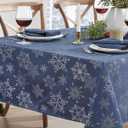 Newbridge Fancy Metallic Snowflake Christmas Fabric Tablecloth, 60 x 144 Inch Rectangle, Navy Silver, No-Iron Soil Resistant Sparkling Snowflakes Woven Holiday Table Cover