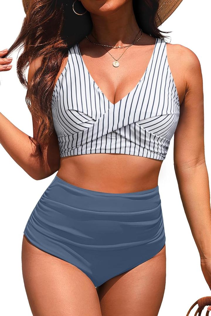 Yonique High Waisted Two Piece Swimsuit-Womens Bikini Set Tummy Control Bathing Suit Modest Full Coverage Bikini 2025 (Small, Striped and Blue)