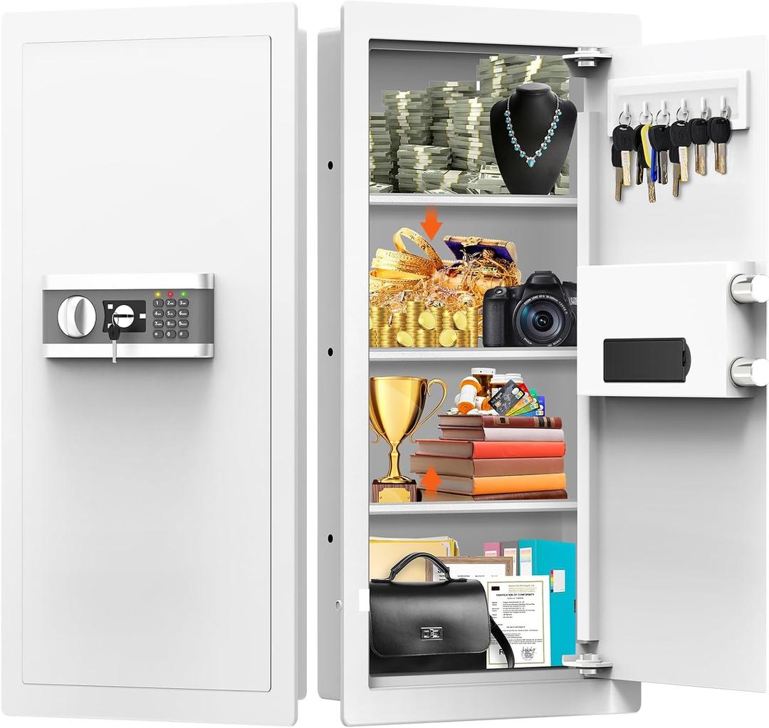 31.5" Tall Fireproof Wall Safes Between the Studs 16" Centers, Hidden Wall Safe with 3 Removable Shelf & Silent Mode, Heavy Duty Wall Mount Safe for Money Jewelry Passport Documents Valuables (White)