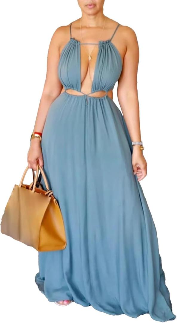 2025 Women Summer Beach Dresses Sexy Cut Out Sleeveless Spaghetti Strap Halter Dress Flowy Maxi Vacation Dress (Blue) XL