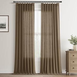 Pinch Pleated Beige Linen Curtains 96 Inches Long for Living Room Semi Sheer Pinch Pleat Drapes with Hooks for Track System Traverse Rod 96 Inch Window Curtains for Bedroom Dining Oatmeal Wheat 8ft (40"W x 96"L (Pack of 2))