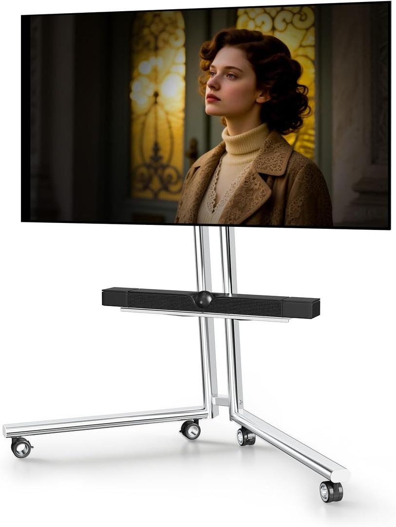 Mobile TV Cart Easel Rolling TV Stand with Soundbar Shelf for 32 to 75 Inch Screens, Minimalist Stainless Steel Frame with 360 Wheels, Portable Floor TVs Stand Hold Up to 110 Lbs Max VESA (Silver)
