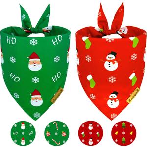 Christmas Dog Bandanas 2 Pack, 4 Pattern Reversible Adjustable Winter Holiday Bandana for Boy and Girl, Scarf for X-Large Breed Dogs | Christmas Snowman | Santa Claus |