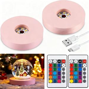 Mudder 2 Pcs Light LED Base Wood LED Display Base for Glass Art Decor Crystal Acrylic Resin, 16 Colored USB Light with Remote Wooden Round Lamp Stand for 3D Crystal Ball Room Home Decor(Pink)