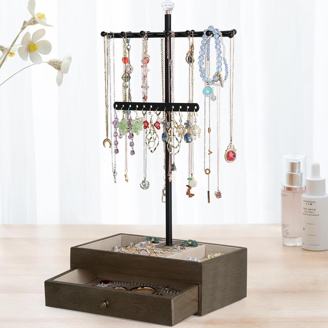 Meangood Jewelry Organizer Stand, 3-Tier Necklace Holder Jewelry Tree with Wooden Storage Drawer Box for Necklace Bracelet Earring Ring, Carbonized Black (Weathered Grey)