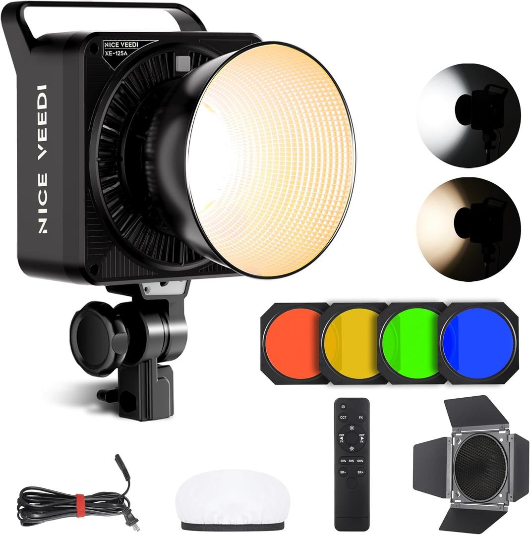 NiceVeedi 125W RGB Professional Cob Video Light with Bowens Mount, 3000K-10000K Studio Light with IR Remote Control, CRI 97+, 9 Effects Continuous Lighting for Video Recording/Photography/Filmmaking