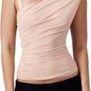Women One Shoulder Top Ruched Mesh Crop Tank Slim Fit Shirt Beige S (Beige, S)