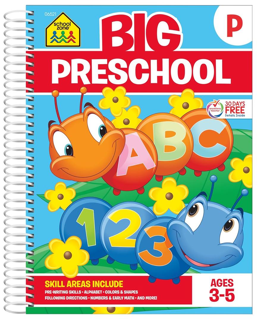 School Zone Big Preschool Workbook: 320 Spiral-Bound Pages, Pre-K, Colors, Shapes, Numbers, Early Math, Alphabet, Pre-Writing, Phonics, Following Directions, Ages 3-5