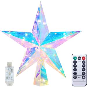 Christmas Tree Star Topper 11.8" PET Christmas Tree Topper Lighted with Remote Multicolour 20LED Lighted Treetop Decorate for Xmas Decorations Ornaments Holiday Party Indoor Decor