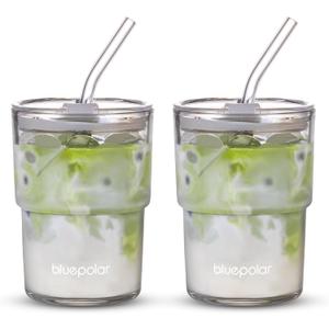 BLUEPOLAR 13oz/400ml Glass Water Tumbler with Straw and Lid Sealed Carry On Thick Wall Iced Coffee Cup Glass Cup for Water, Iced Tea Fruit Juice Etc (White-2Pack)