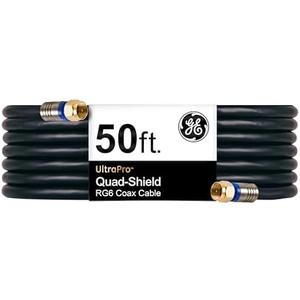 GE RG6 Coaxial Cable, 15 ft. F-Type Connectors, Quad Shielded Coax Cable, 3 GHz Digital, In-Wall Rated, Ideal for TV Antenna, DVR, VCR, Satellite, Cable Box, Home Theater, Black, 33532