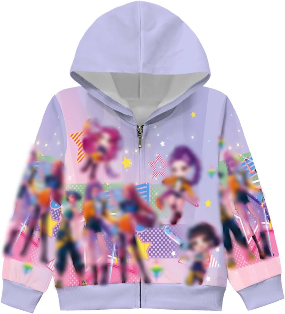 Pop Singer Costume for Girls, 3D Printed Hooded Sweatshirt, Kids Casual Novelty Hoody Long Sleeve Zipper Jacket (4T, Purple)