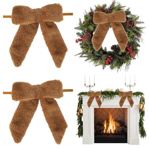 AIMUDI Brown Bows 7''×9'' Christmas Bows for Gift Wrapping Faux Fur Present Bows Premade Bows for Christmas Trees Fireplaces Wreaths Staircases Crafts Home Outdoor Winter Decoration, 6 PCs