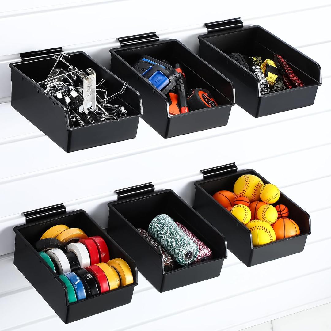 6 Pack Slatwall Bins with Hooks Set, Slatwall Organizer Containers Wall Mounted Storage Bins for Organizing Accessories Tools Storage Office Workshop Garage Workbench(Black)