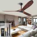 52 Inch Ceiling Fan No Light Wood Outdoor Ceiling Fans for Patios Living Room Bedroom 3 Blade Propeller Modern Ourside Waterproof Ceiling Fan Without Light with remote Control(Walnut) (Deep Walnut Blades + Black Body)