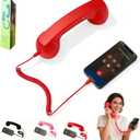 Retro Phone Handset for Type-C Devices, Vintage Style Cell Phone Receiver with Volume Control & Mic, Noise Reduction Wired Landline Handle Receiver for Mobile Video Conferences,Calls,Meetings (Red)
