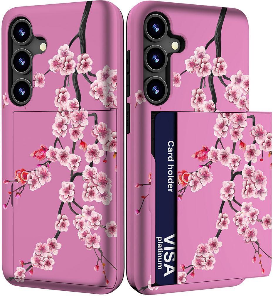 Compatible with Samsung Galaxy S24+ Plus & S25+ Plus Case with Card Holder Cute Shockproof Drop Protection Phone Wallet Slot Cover Cases for Women - Pink Blooming Sakura Cherry
