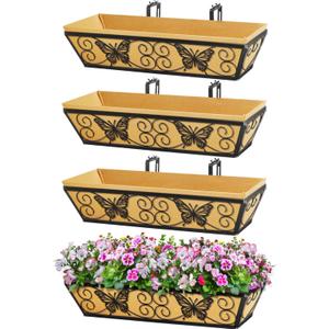 4 Pack 24 Inch Window Boxes Planters Railing Planter Box with Adjustable Brackets for Porch Fence Patio Balcony Hanging Flower Baskets with Woven Fabric for Outdoor Garden Decor - Black