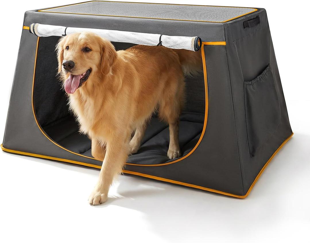 43 Inch Collapsible Travel Dog Crate for Medium Large Dogs, Portable Travel Kennel with Storage Pocket, Mesh Windows for Indoor & Outdoor Travel, 43.3 L x 24 W x 16.14 H, Dark Grey