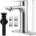 Herogo Bathroom Sink Faucet 1 or 3 Holes, Brushed Nickel Bathroom Faucet with Pop-up Drain, Hooks & Water Supply Hoses, Stainless Steel, Single Handle, for Vanity RV Farmhouse