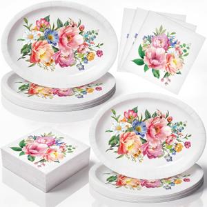 Maxdot 100 Pcs Pink Floral Plates and Napkins Bridal Shower Decorations, normal