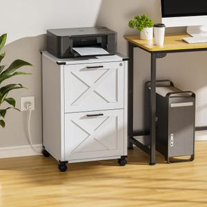 Onelike Small Wood File Cabinet with Lock, Nightstand with Charging Station, 2 Drawer Under Desk Lateral Filing Cabinets for Home Office, Printer Stand with Storage, White