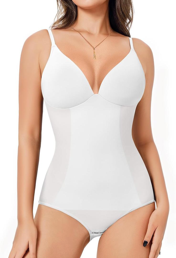 Irisnaya Women's Plunge Deep V Neck Bodysuits with Built in Bra Sleeveless Double Lined Body Suits Tops (White)