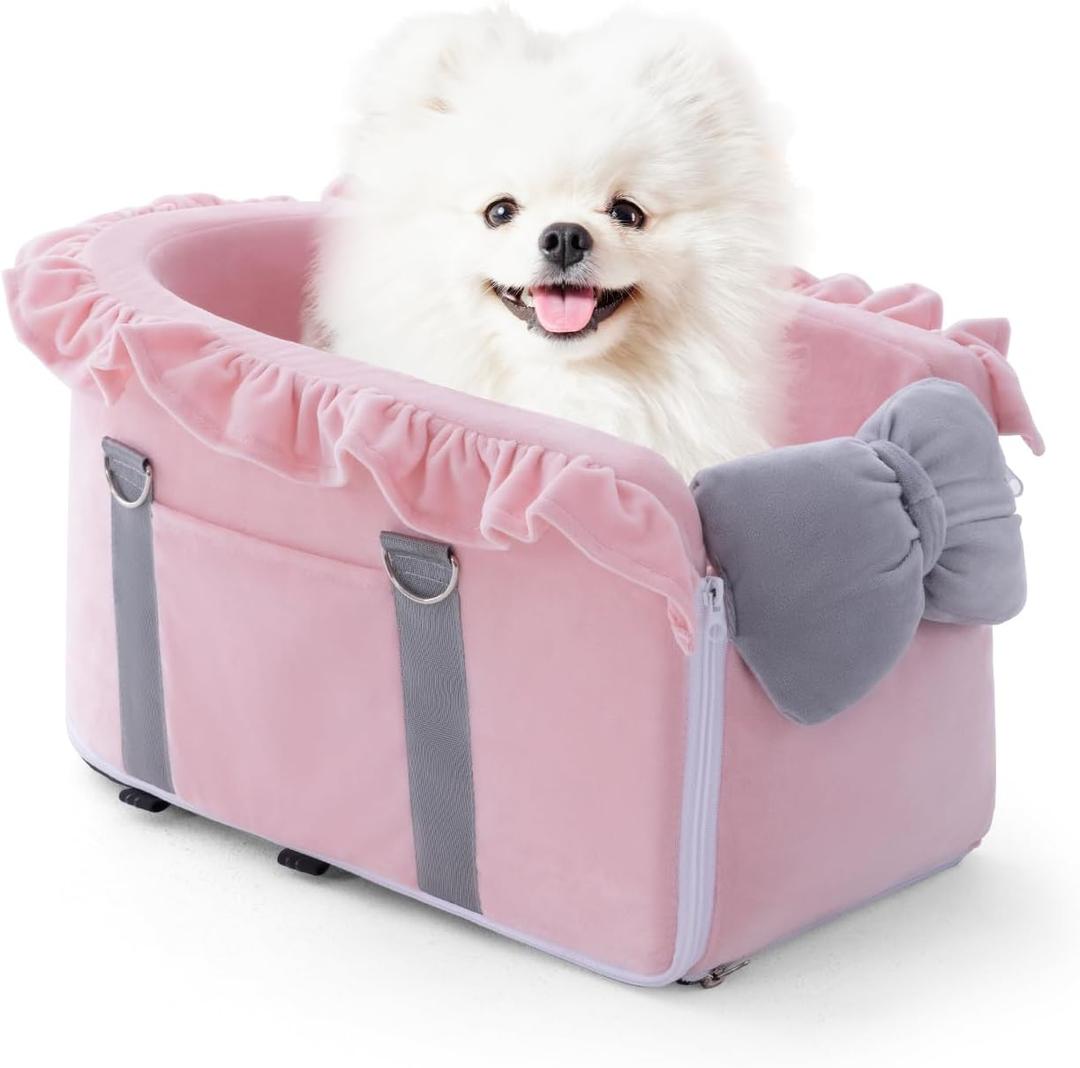 Jaoul Small Dog Car Seat - Detachable, Adjustable Straps, Comfortable Bow Design - Portable Pet Booster Seat for Puppy, Cat (Pink Gray)