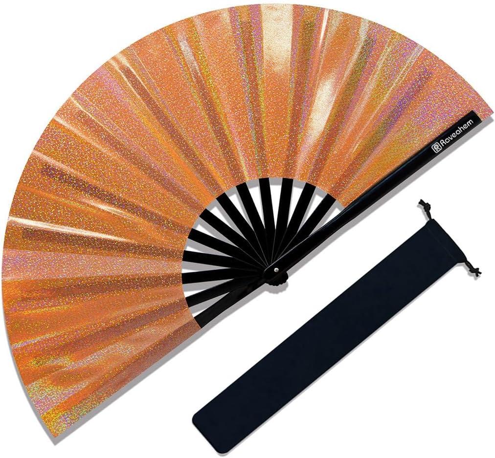 Large Rave Fan, Clack Folding Hand Fan with Premium Fabric, Thick Bamboo Frame for Men Women Gift for EDM, Festival, Club, Party, Dance, Decoration (Lridescent Orange, 13")