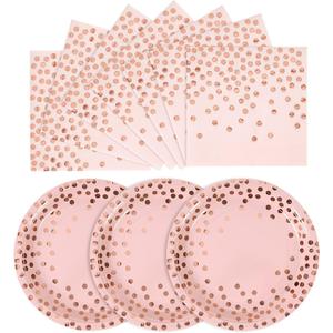 CENLBJ Pink and Rose Gold Paper Plates-50 Pack- 25 * 7inch Paper Plates & 25 * 6.5inch Napkins,Pink Plates and Napkins Party Supplies for Birthdays,Baby Showers and All Occasions