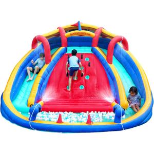 Inflatable Water Double Slides Park, Bounce House with Splash Pool, Large Blow Up Water Slide for Kids with Climbing Wall, Durable Design Backyard Play Park, Quick Setup (Dry/Wet Use)