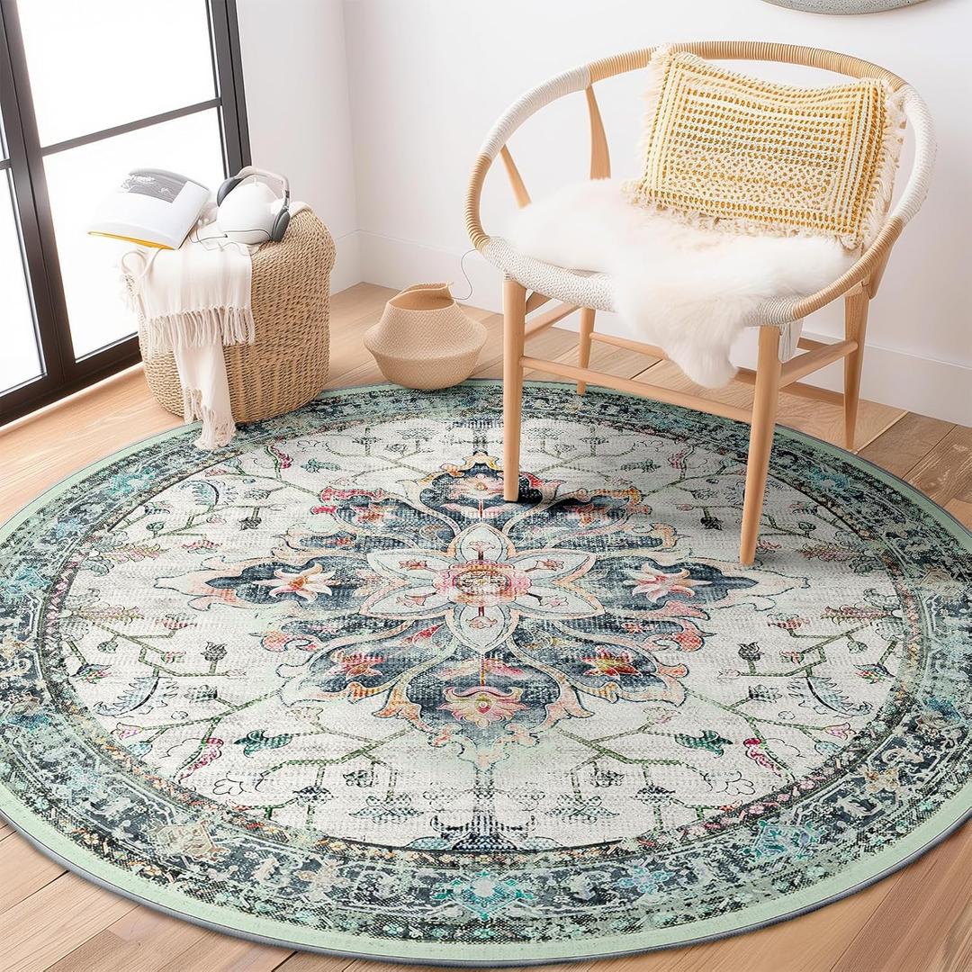 Area Rugs 4ft Washable Non-Slip, Floral Vintage Distress Print Pattern Medallion Carpet for Living Room Bedroom Dining Room, Green Teal Colorful (Teal Green/White/Blue/Navy/Red)